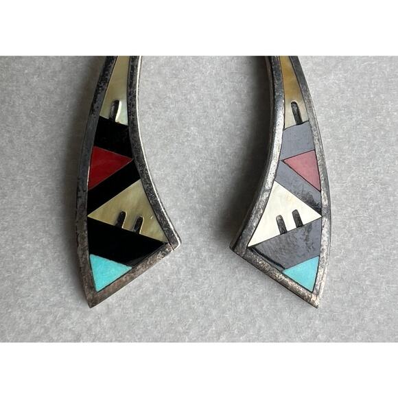 Turquoise Sterling Silver Native Zuni Emery Ohmsatte Inlay Dangle Earrings - Picture 2 of 9